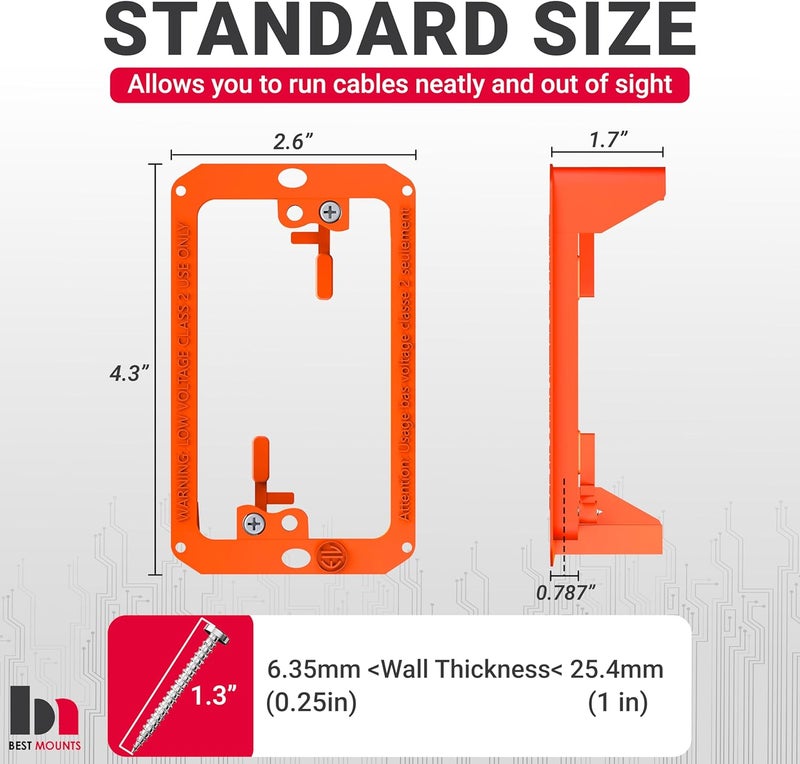 Best Mounts BestMounts Low Voltage Mounting Bracket 1 Gang, 2 Pack for Single Gang Wall Plate, Telephone Wires, Network Cables, HDMI, Coaxial, Speaker Cables - Low Voltage Box Cable Wall Plate Bracket, Mud Ring - Image 2